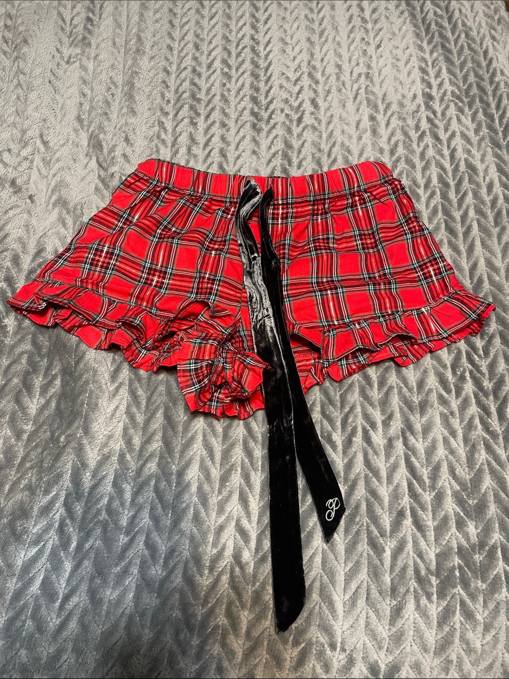 PINK Victoria's Secret Red Plaid Ruffle Lounge Shorts with Black Velvet Tie
